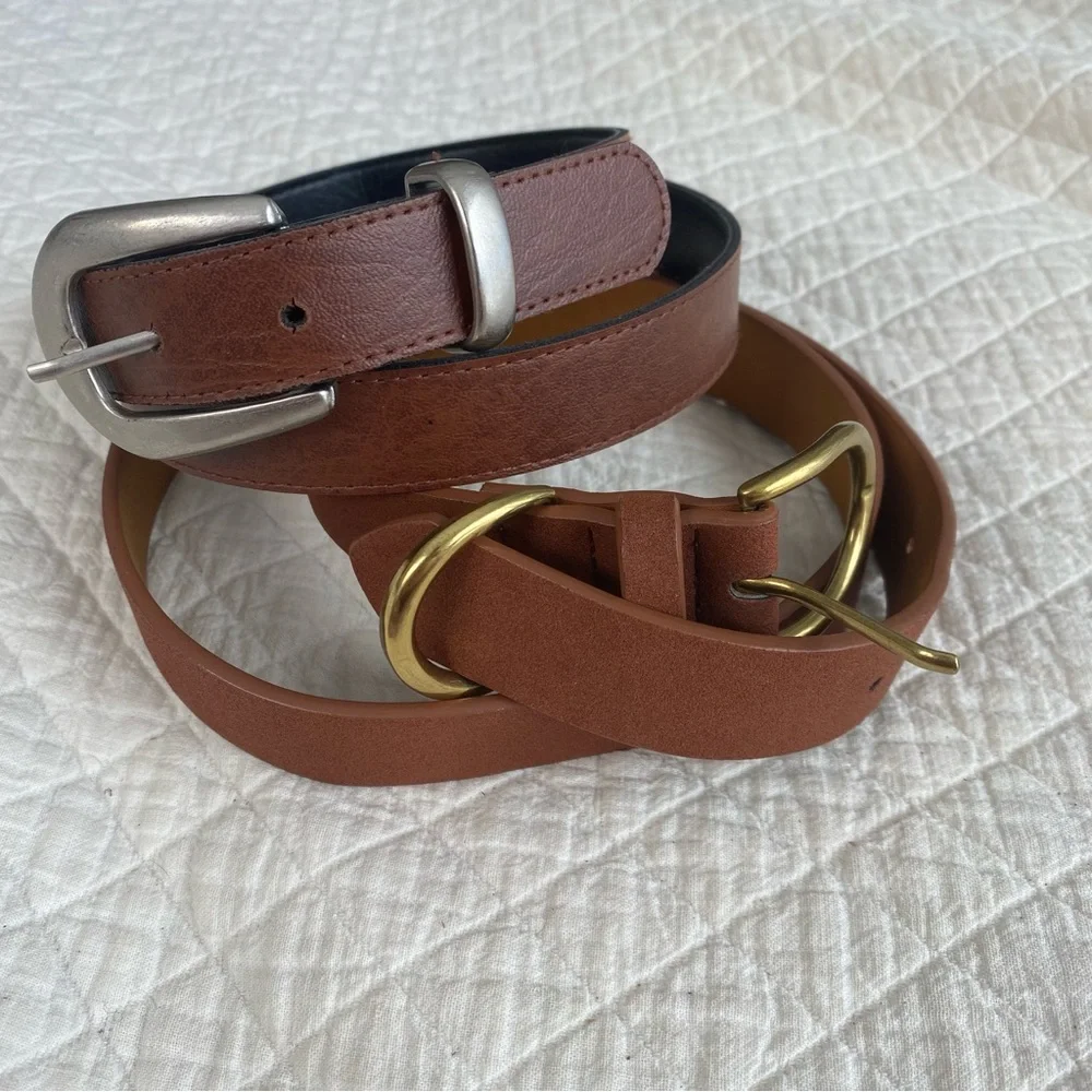 Bundle of 2 Brown Faux Leather Belts Silver & Gold Tone Buckles, 30-33” Waist